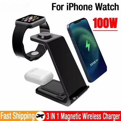 Fast 100W 3-in-1 Wireless Charger for iPhone & iWatch Fast Dock